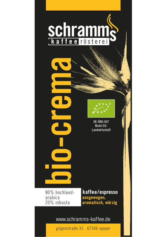 Bio Crema Großpackung von Schramms Kaffeerösterei als fair gehandelter Espresso mit weicher Würze 