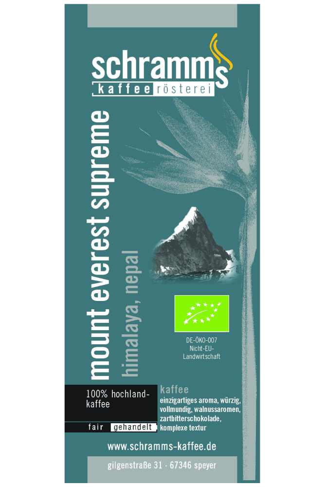 Mount Everest Supreme Bio Kaffee aus Nepal mit Walnuss und Zartbitterschokolade